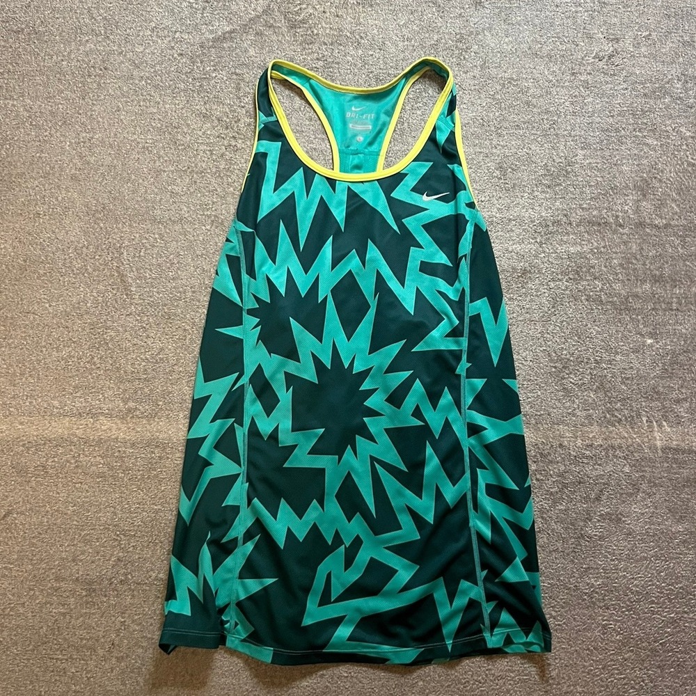 Nike Dri-FIT Womens Racerback Tank Top Large Green Teal Geometric Starburst
